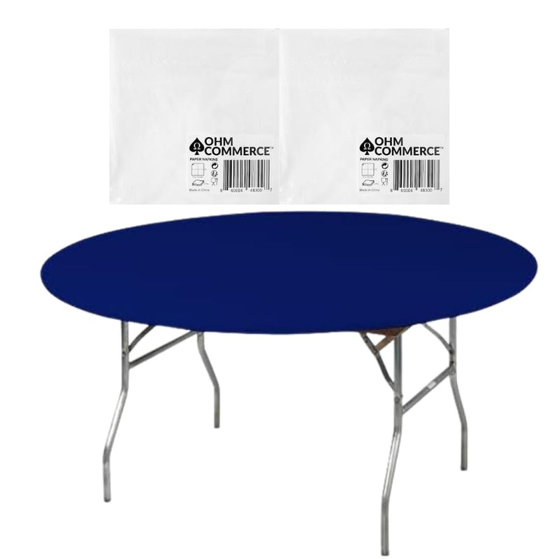 Kwik-Covers Round Plastic Table Covers Bundle of Ohm Commerce Paper Napkins - Indoor or Outdoor Fitted Round Table Covers (Table NOT Included)