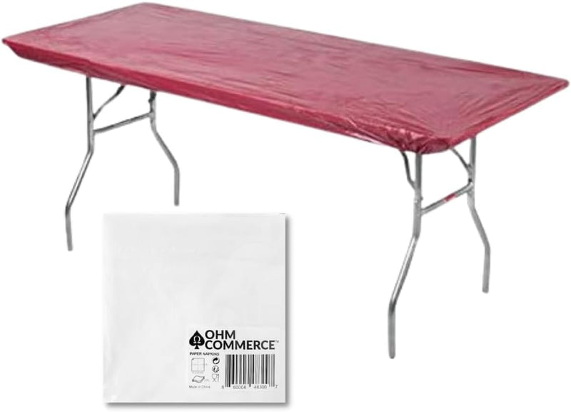 Kwik-Covers Rectangular Plastic Table Covers Bundles with Ohm Commerce Paper Napkins - Indoor or Outdoor Fitted Table Covers (Table NOT Included)