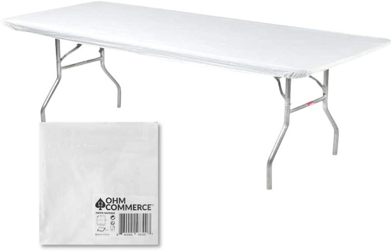 Kwik-Covers Rectangular Plastic Table Covers Bundles with Ohm Commerce Paper Napkins - Indoor or Outdoor Fitted Table Covers (Table NOT Included)