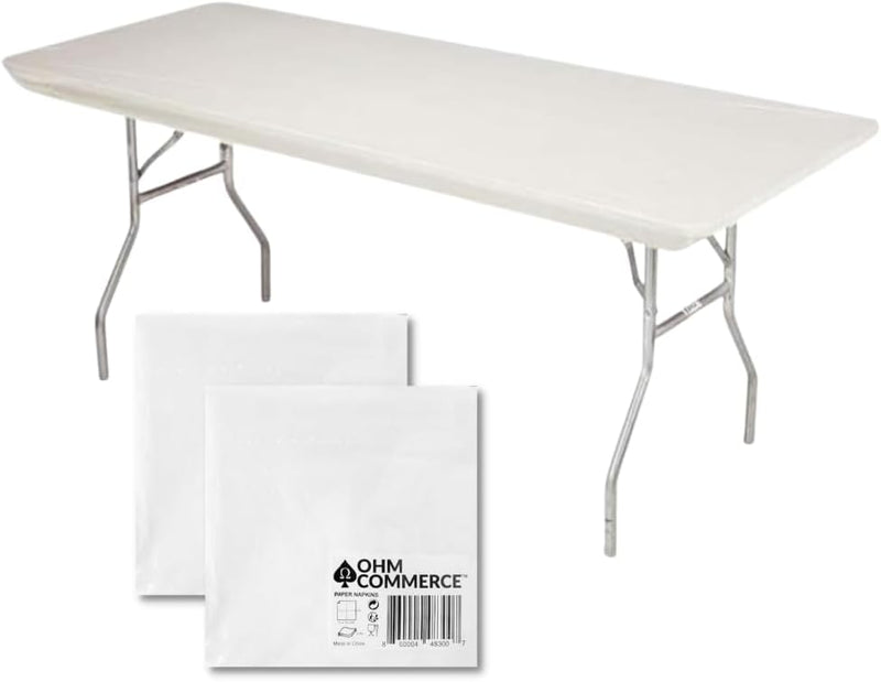 Kwik-Covers Rectangular Plastic Table Covers Bundles with Ohm Commerce Paper Napkins - Indoor or Outdoor Fitted Table Covers (Table NOT Included)