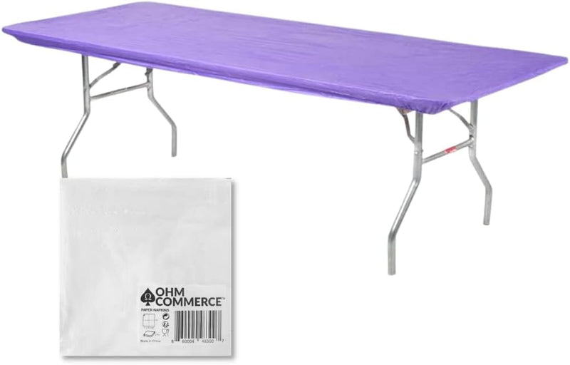 Kwik-Covers Rectangular Plastic Table Covers Bundles with Ohm Commerce Paper Napkins - Indoor or Outdoor Fitted Table Covers (Table NOT Included)