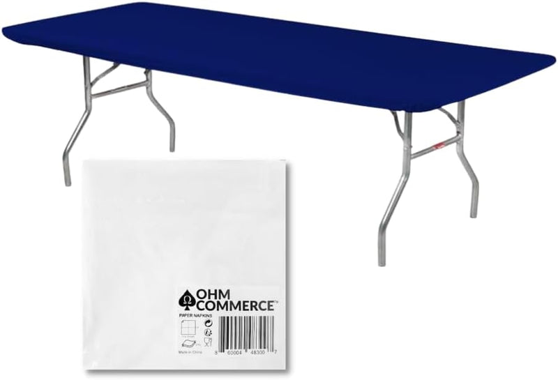 Kwik-Covers Rectangular Plastic Table Covers Bundles with Ohm Commerce Paper Napkins - Indoor or Outdoor Fitted Table Covers (Table NOT Included)