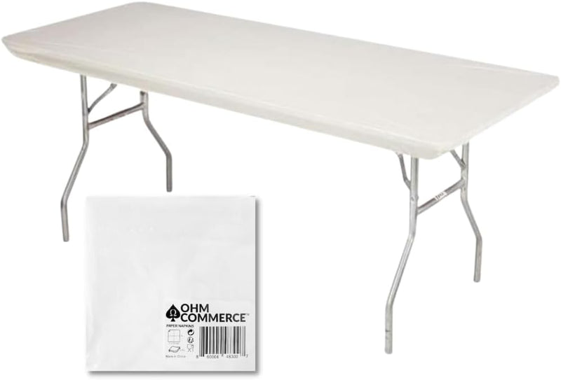 Kwik-Covers Rectangular Plastic Table Covers Bundles with Ohm Commerce Paper Napkins - Indoor or Outdoor Fitted Table Covers (Table NOT Included)