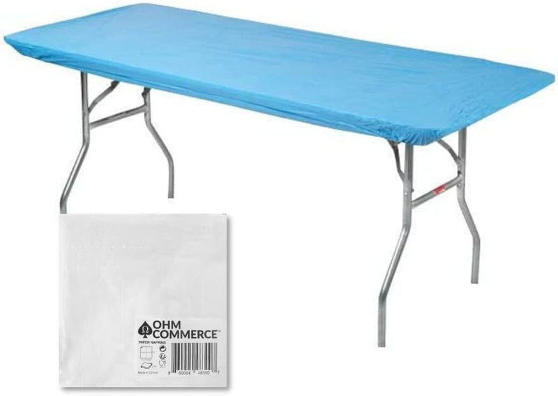 Kwik-Covers Rectangular Plastic Table Covers Bundles with Ohm Commerce Paper Napkins - Indoor or Outdoor Fitted Table Covers (Table NOT Included)