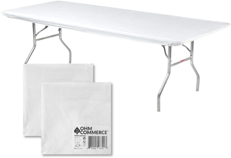 Kwik-Covers Rectangular Plastic Table Covers Bundles with Ohm Commerce Paper Napkins - Indoor or Outdoor Fitted Table Covers (Table NOT Included)