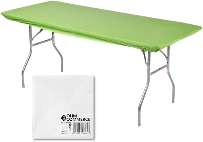 Kwik-Covers Rectangular Plastic Table Covers Bundles with Ohm Commerce Paper Napkins - Indoor or Outdoor Fitted Table Covers (Table NOT Included)