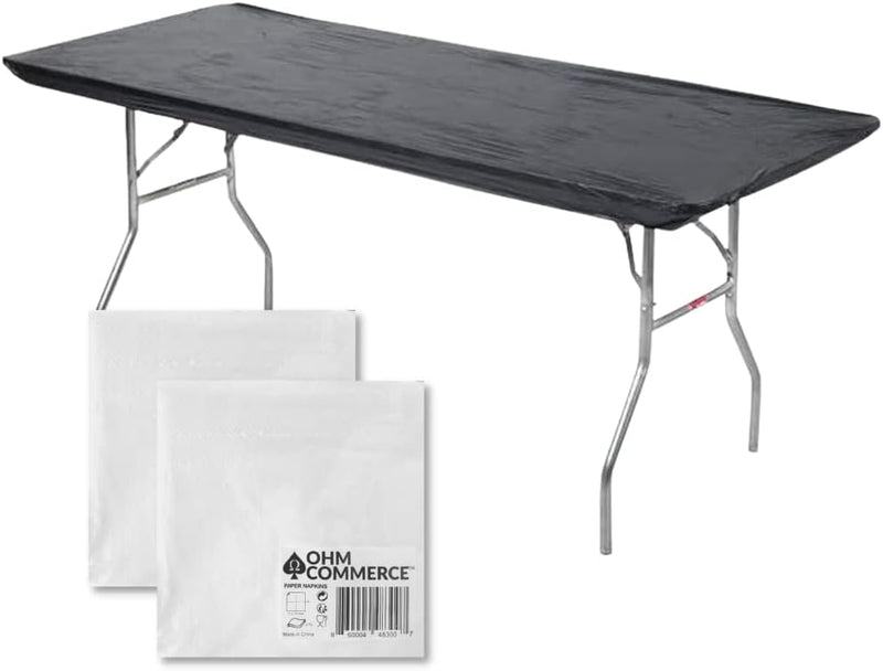 Kwik-Covers Rectangular Plastic Table Covers Bundles with Ohm Commerce Paper Napkins - Indoor or Outdoor Fitted Table Covers (Table NOT Included)