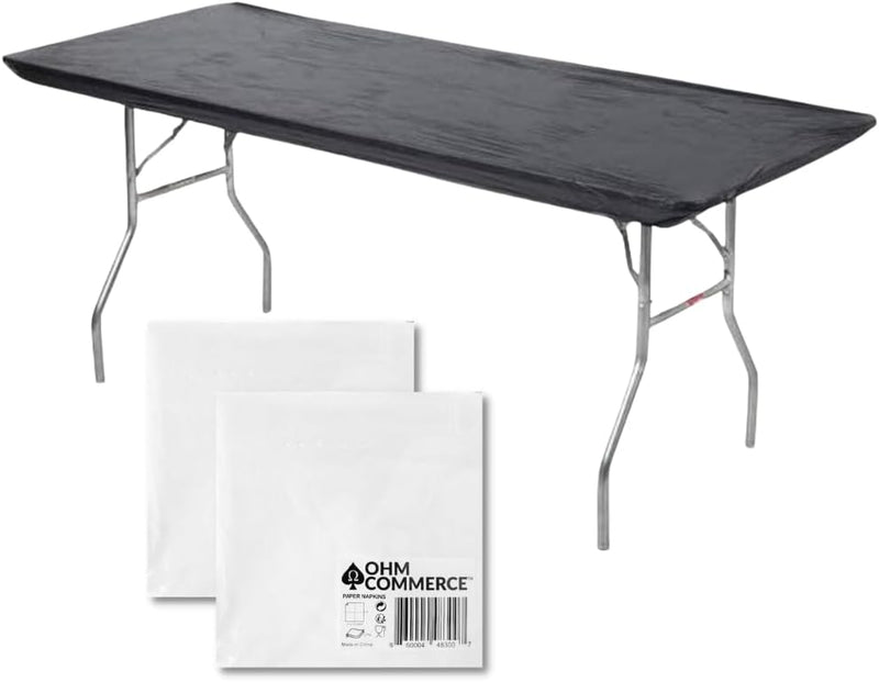 Kwik-Covers Rectangular Plastic Table Covers Bundles with Ohm Commerce Paper Napkins - Indoor or Outdoor Fitted Table Covers (Table NOT Included)