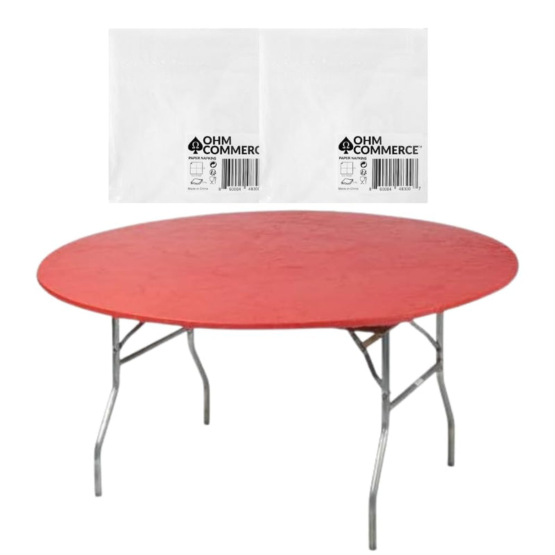 Kwik-Covers Round Plastic Table Covers Bundle of Ohm Commerce Paper Napkins - Indoor or Outdoor Fitted Round Table Covers (Table NOT Included)