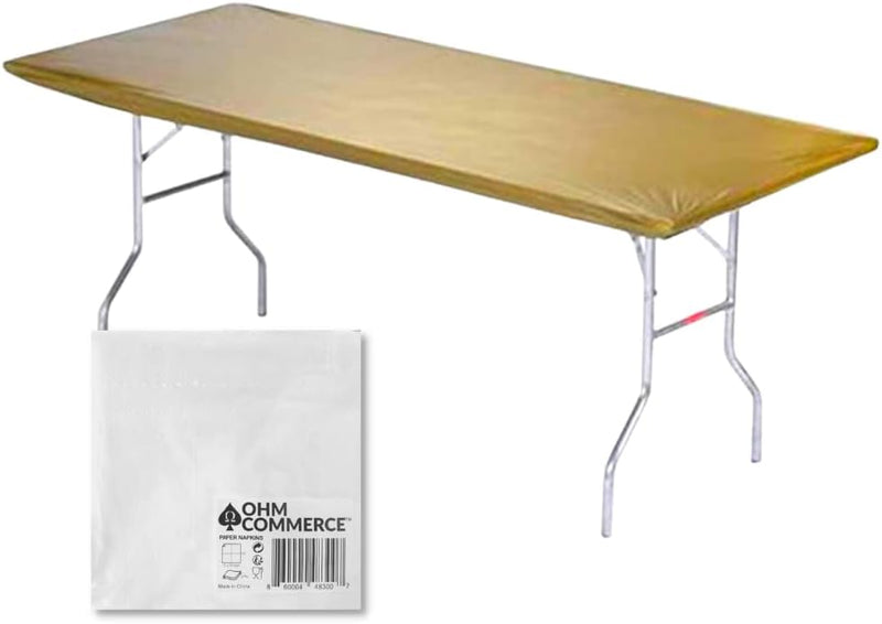 Kwik-Covers Rectangular Plastic Table Covers Bundles with Ohm Commerce Paper Napkins - Indoor or Outdoor Fitted Table Covers (Table NOT Included)