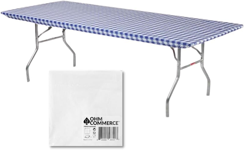 Kwik-Covers Rectangular Plastic Table Covers Bundles with Ohm Commerce Paper Napkins - Indoor or Outdoor Fitted Table Covers (Table NOT Included)