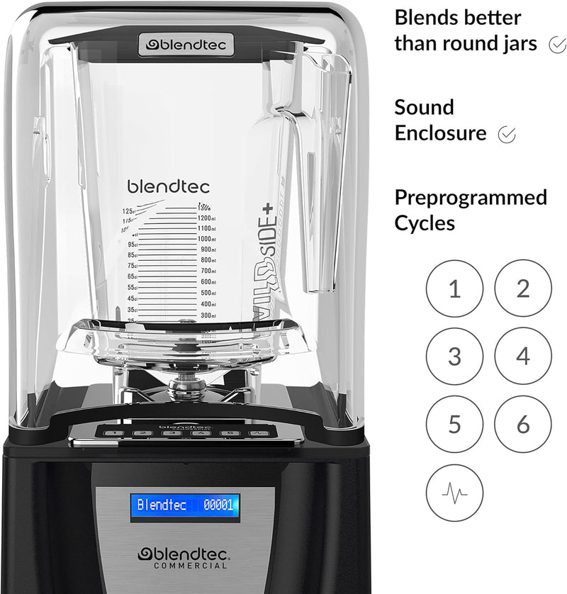 Blendtec Connoisseur 825 Black Food Blender with Sound Enclosure and 2 WildSide+ Jars, 42 Preprogrammed Cycles, 2750 mL Capacity - SKU C825C11Q-B1GB1D