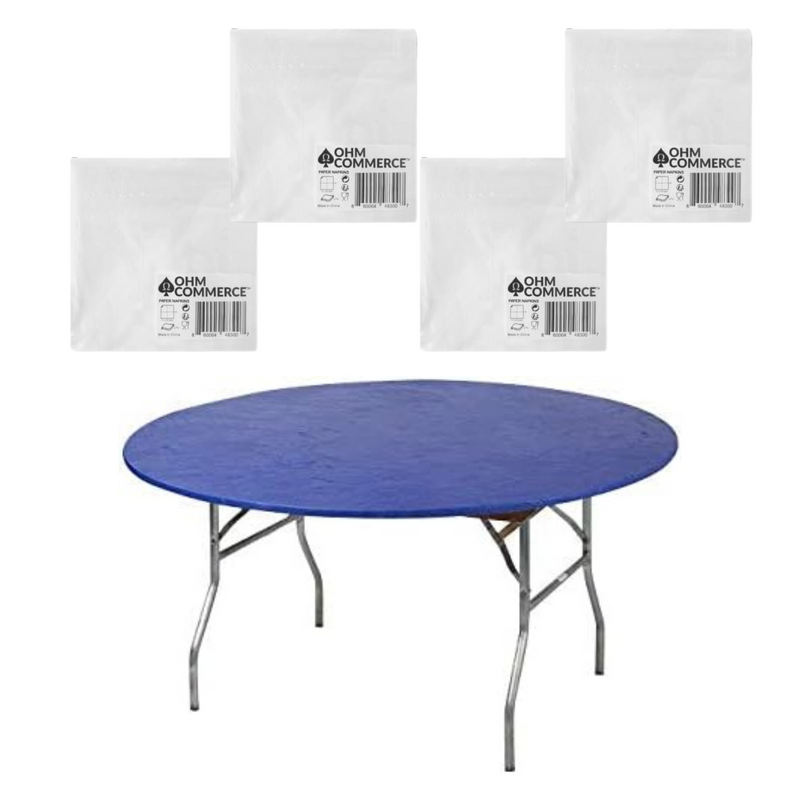 Kwik-Covers Round Plastic Table Covers Bundle of Ohm Commerce Paper Napkins - Indoor or Outdoor Fitted Round Table Covers (Table NOT Included)