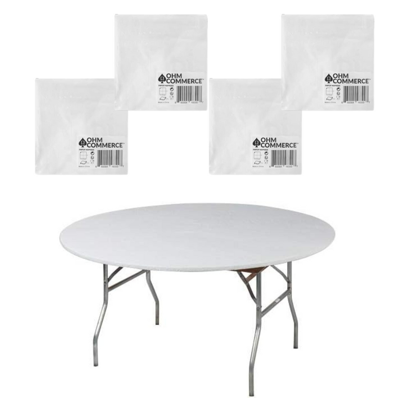 Kwik-Covers Round Plastic Table Covers Bundle of Ohm Commerce Paper Napkins - Indoor or Outdoor Fitted Round Table Covers (Table NOT Included)