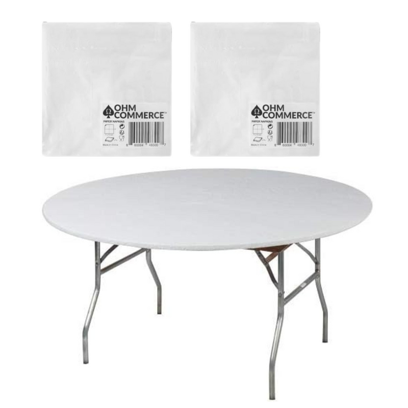 Kwik-Covers Round Plastic Table Covers Bundle of Ohm Commerce Paper Napkins - Indoor or Outdoor Fitted Round Table Covers (Table NOT Included)