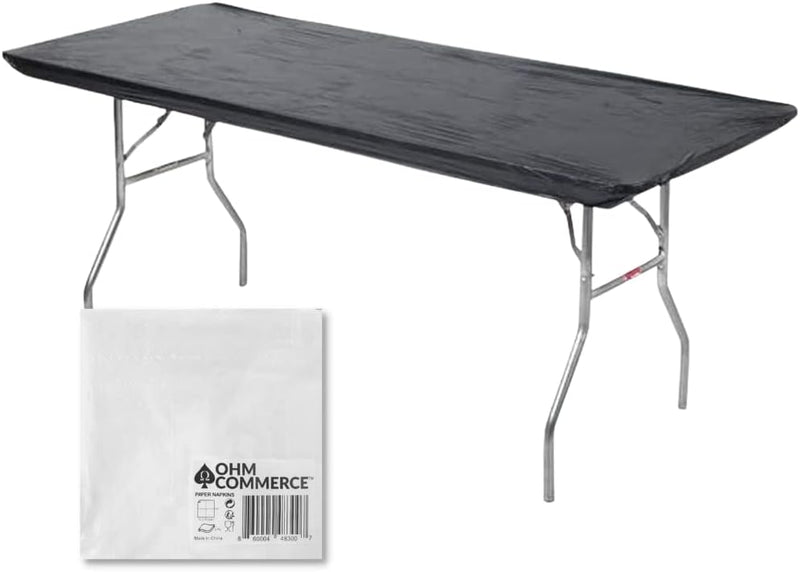 Kwik-Covers Rectangular Plastic Table Covers Bundles with Ohm Commerce Paper Napkins - Indoor or Outdoor Fitted Table Covers (Table NOT Included)